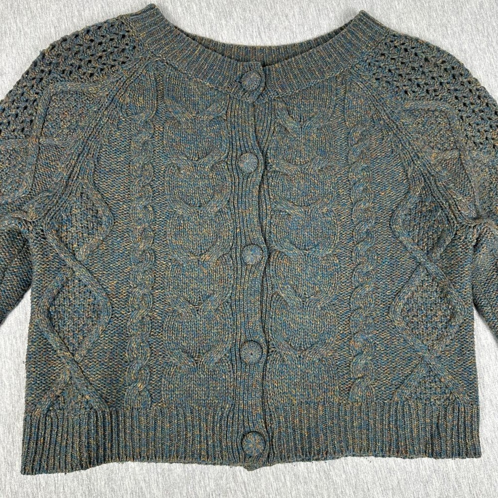 Far Away From Close S Wool Cable Knit Cropped Cardigan Blue Marled Button Front